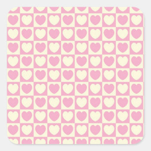 Pink Heart Chequered Square Sticker