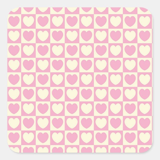 Pink Heart Chequered Square Sticker (Front)
