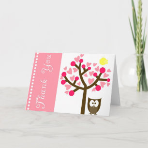 Pink Heart Cherry Blossom Owl Thank You Card