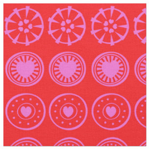 Pink Heart Circles on Red Background Fabric