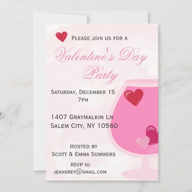 Pink Heart Cocktail Valentine's Day Party Invitation (Front)