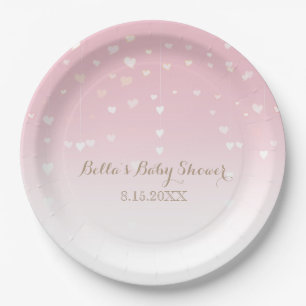 Pink Heart Confetti Baby Shower Paper Plate