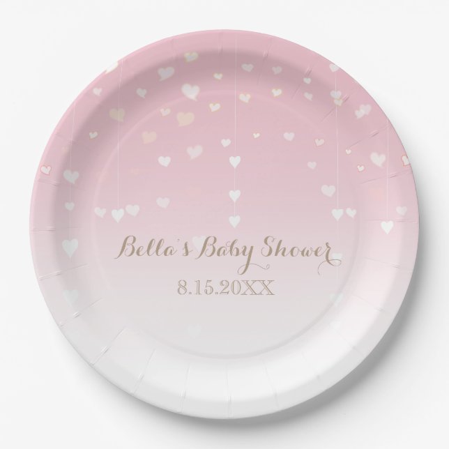 Pink Heart Confetti Baby Shower Paper Plate (Front)