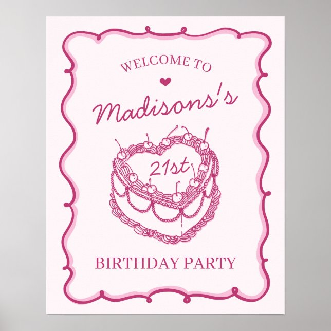 Pink Heart Coquette Cherry Cake Birthday Welcome Poster (Front)