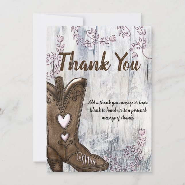 Pink Heart Cowgirl Boots Bridal Shower Thank You Invitation (Front)