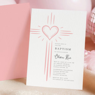 Pink Heart Cross Baptism Invitation