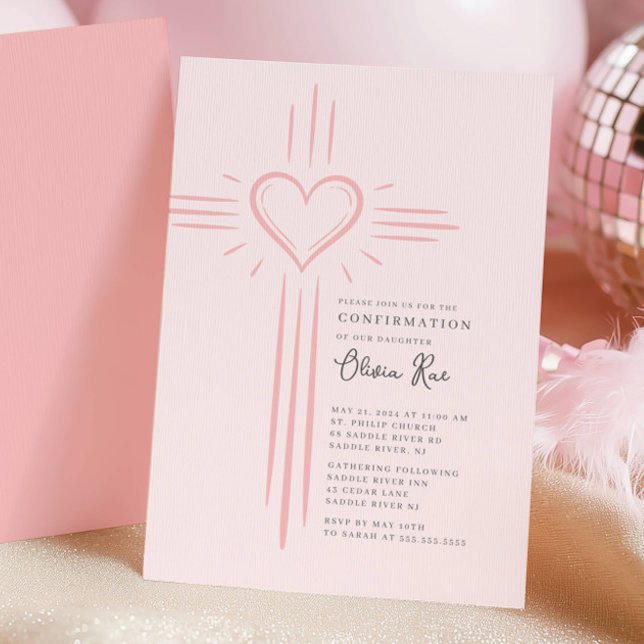 Pink Heart Cross Confirmation Invitation (Creator Uploaded)