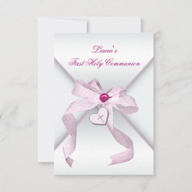 Pink Heart Cross Girls Pink First Communion Invitation (Front)