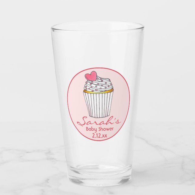Pink Heart Cupcake Bridal Baby Shower Favour Glass (Front)