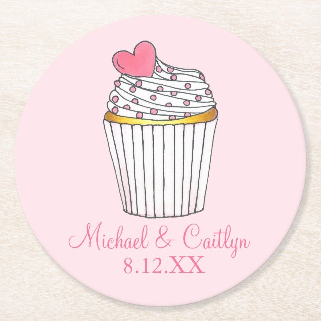 Pink Heart Cupcake Bridal Baby Shower Wedding Round Paper Coaster (Front)