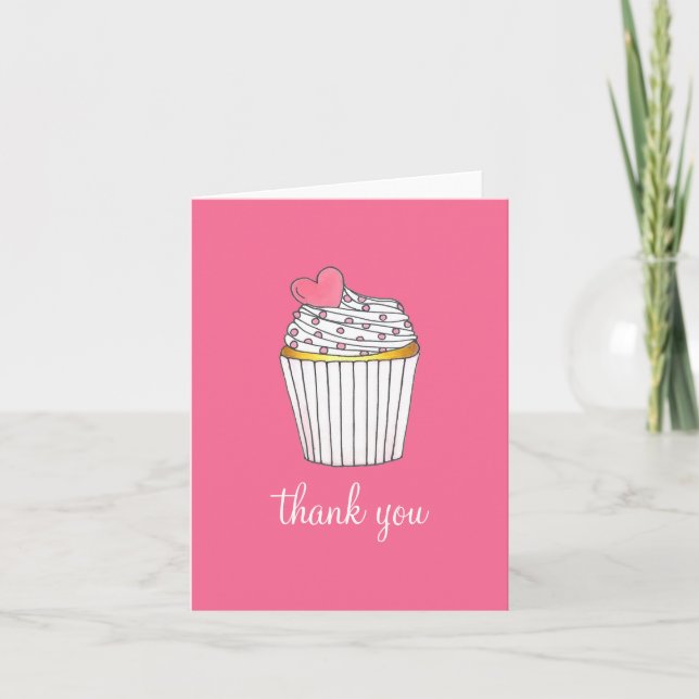 Pink Heart Cupcake Bridal Baby Shower Wedding Thank You Card (Front)