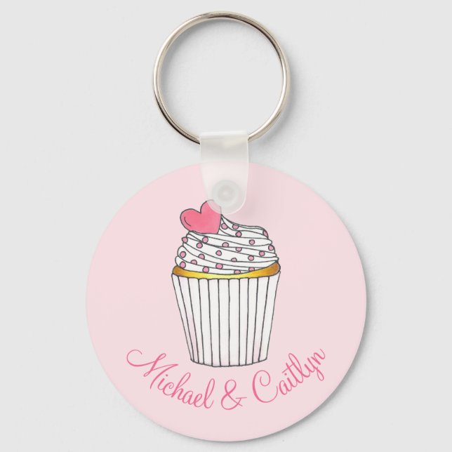 Pink Heart Cupcake Cake Keychain Wedding Favours (Front)
