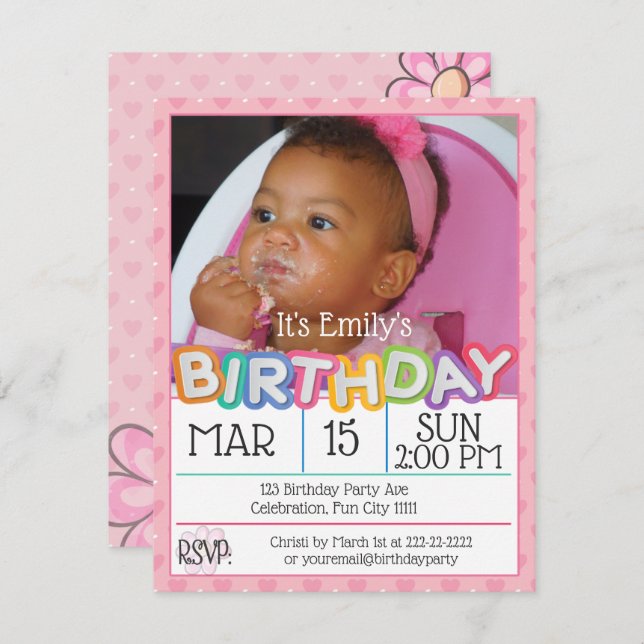 Pink Heart Custom Photo Birthday Invitation (Front/Back)