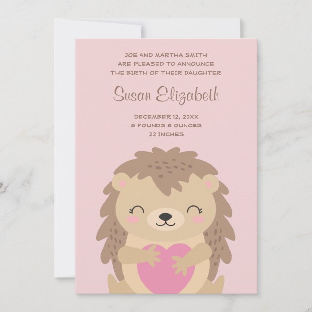 Pink Heart Cute Hedgehog Cartoon Birth Announcement (Front)