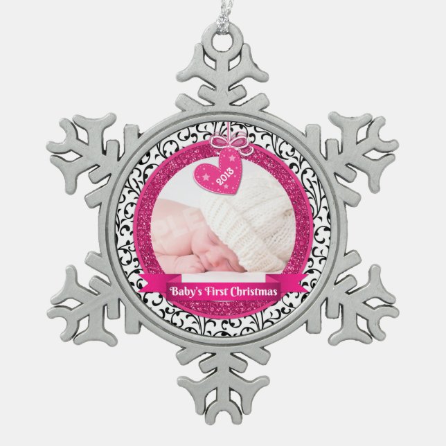 Pink Heart Damask Photo Baby's First Christmas Snowflake Pewter Christmas Ornament (Front)