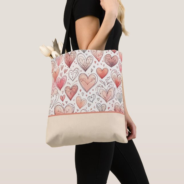 Pink Heart Doodles Valentine's Day Colour Block Tote Bag (Close Up)