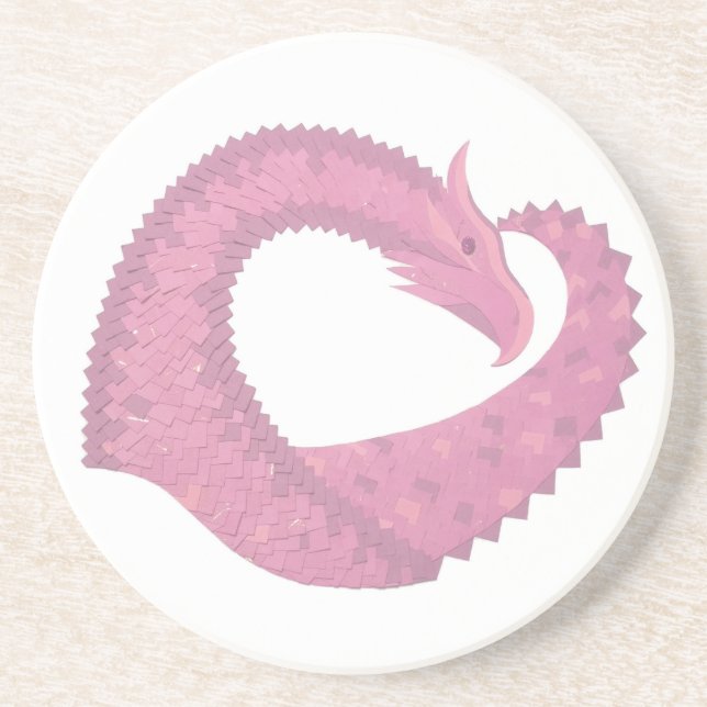 Pink heart dragon on white coaster (Front)