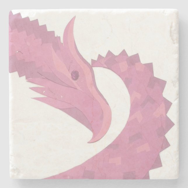 Pink heart dragon on white stone coaster (Front)