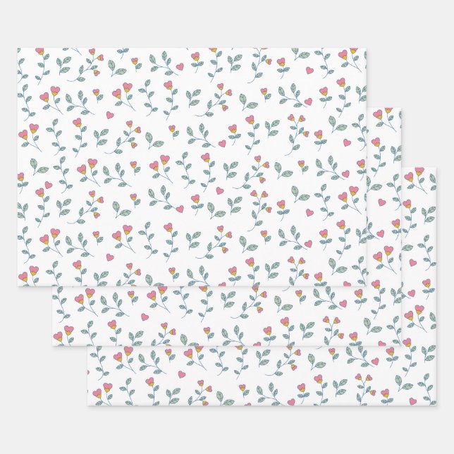 Pink Heart Floral Ditsy White Pattern Wrapping Paper Sheet (Set)