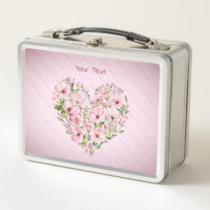 Pink Heart Floral Metal Lunch Box