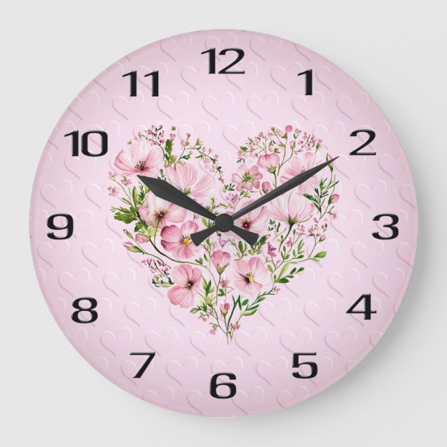 Pink Heart Floral Wall Clock (Front)