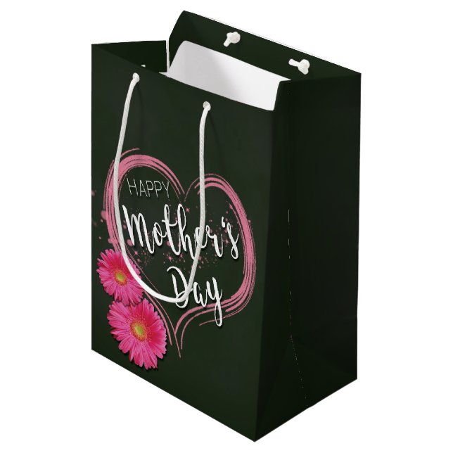 Pink Heart Flowers Mother's Day - Medium Gift Bag (Front Angled)