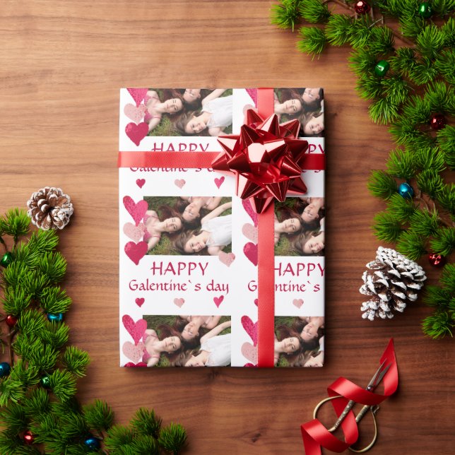 Pink Heart Friend Photo Galentine`s Day Wrapping Paper (Holiday Gift)