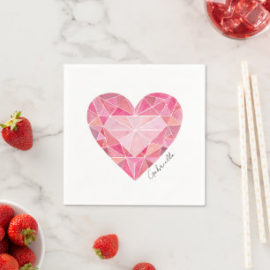 Pink Heart Gem Diamond NAME Watercolor Glam Bling Napkin