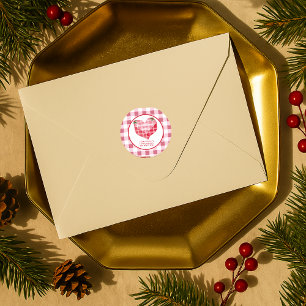 Pink Heart Gingham Plaid Custom Return Address Classic Round Sticker