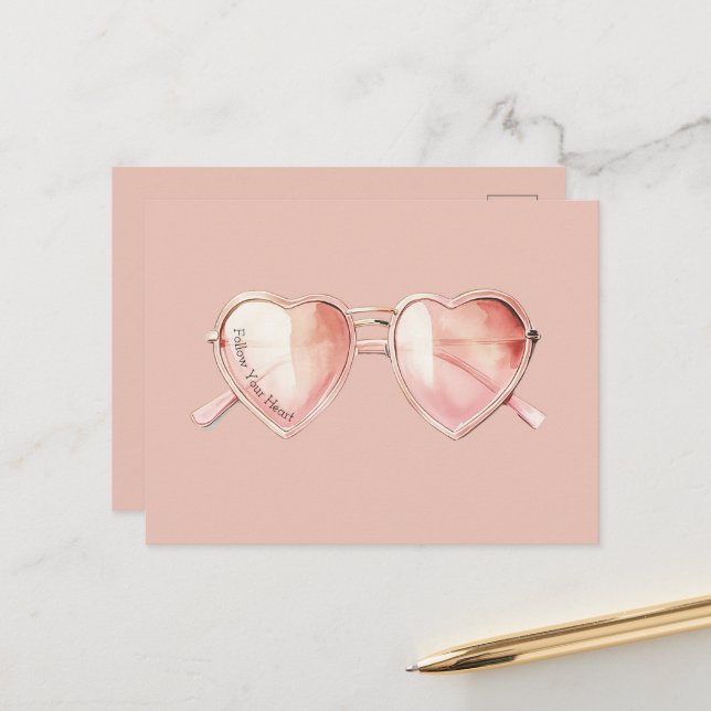 Pink Heart Glasses Quote Postcard (Front/Back In Situ)