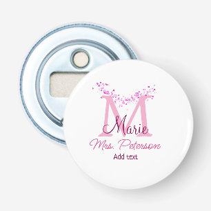 Pink heart glitter monogram teacher Mrs. Modern gi Bottle Opener