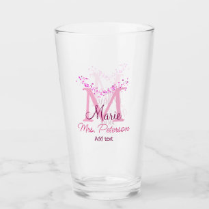 Pink heart glitter monogram teacher Mrs. Modern gi Glass