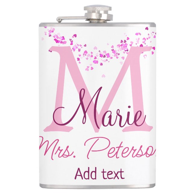 Pink heart glitter monogram teacher Mrs. Modern gi Hip Flask (Front)