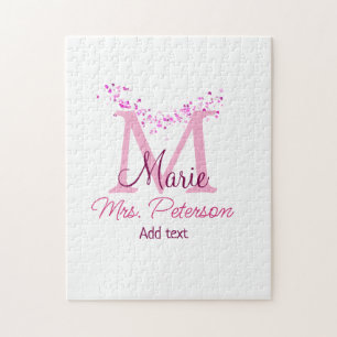Pink heart glitter monogram teacher Mrs. Modern gi Jigsaw Puzzle
