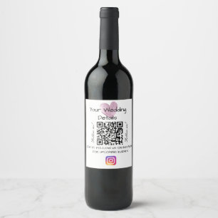 Pink heart glitter wedding qr code scan instagram wine label