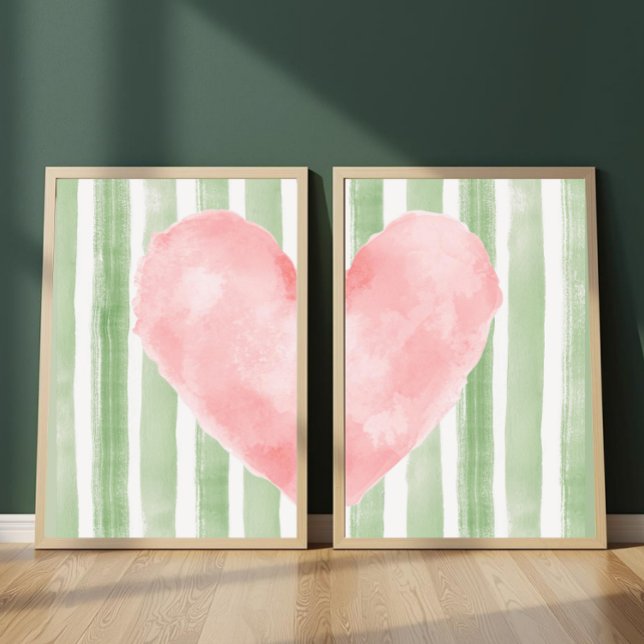 Pink Heart Green Stripes Watercolor, Cute Girly (Creator Uploaded)