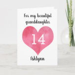 Pink Heart Happy 14th Birthday Card<br><div class="desc">A personalised heart 14th birthday card for granddaughter that features a watercolor heart. You can personalise the watercolor heart with the age you need and add her name underneath the heart. The inside card message reads a heartfelt birthday message,  which also be easily personalised if wanted.</div>