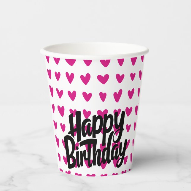 Pink Heart Happy Birthday Paper Cup (Front)