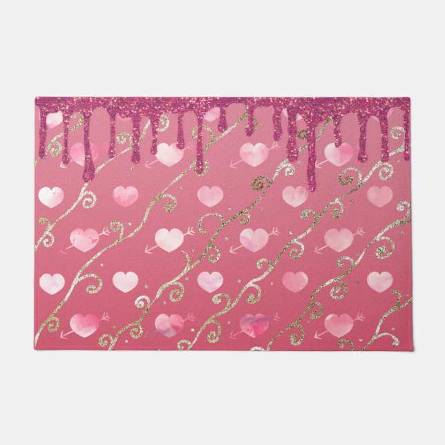 Pink Heart Hot Pink Glitter Pretty Romantic Design Doormat (Front)