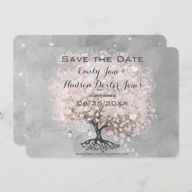 Pink Heart Leaf Tree Save the Date Invitation (Front/Back)
