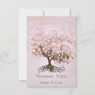 Pink Heart Leaf Tree Thank You Card