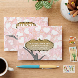 Pink Heart Leaf Tree Wedding Envelopes