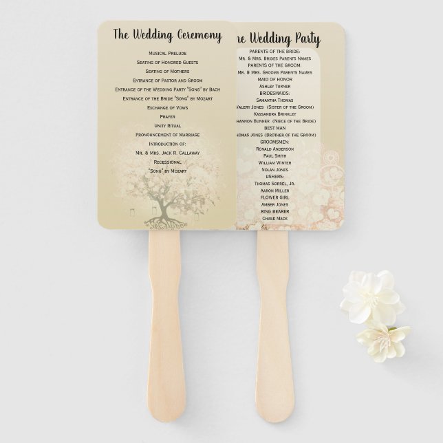 Pink Heart Leaf Tree Wedding Program Hand Fan (Front and Back)