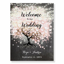 Pink Heart Leaf Tree Wedding Welcome Sign 
