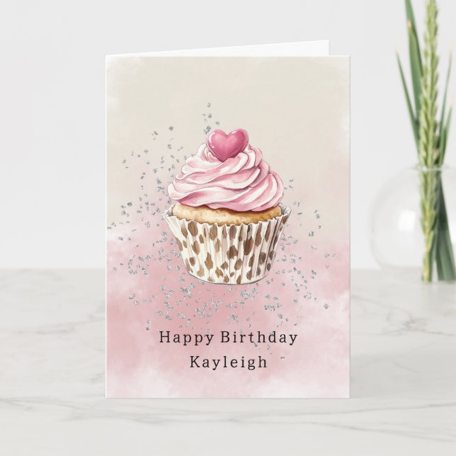 Pink Heart Leopard Cupcake Birthday Card (Front)