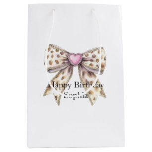 Pink Heart Leopard Girly Bow Birthday Medium Gift Bag