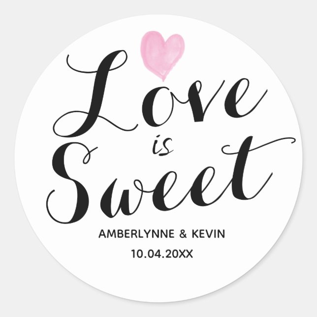 Pink Heart Love is Sweet Classic Round Sticker (Front)