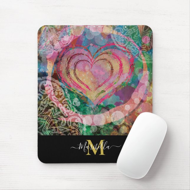 Pink Heart Love Mandala Personalise Monogram Boho Mouse Pad (With Mouse)