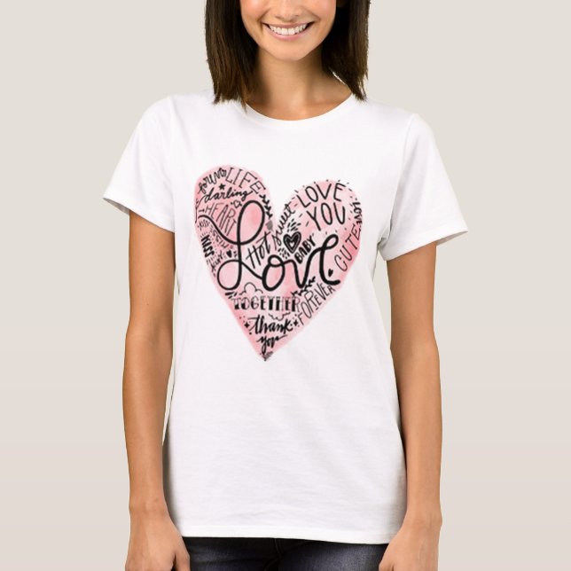 Pink Heart Love You Valentine's Cute Wording T-Shirt (Front)