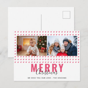 Pink Heart Merry Christmas Script Family Photo Holiday Postcard